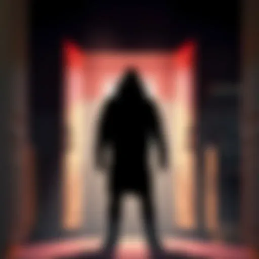 A shadowy figure stands next to open kitchen cabinets with a spooky atmosphere
