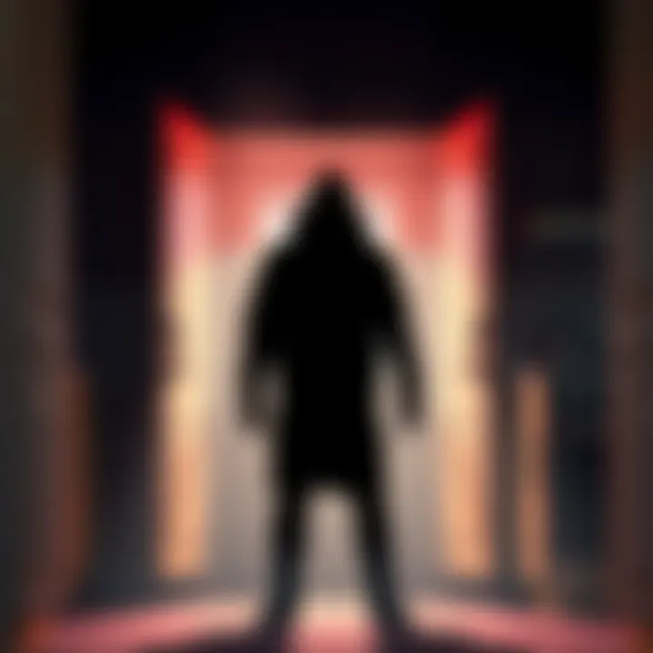 A shadowy figure stands next to open kitchen cabinets with a spooky atmosphere