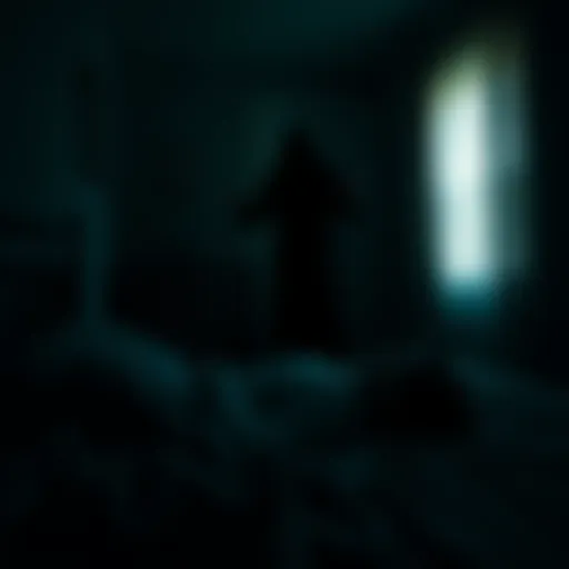 A shadowy figure stands near a bed in a dark room, creating an eerie atmosphere as a person lies awake, looking frightened.