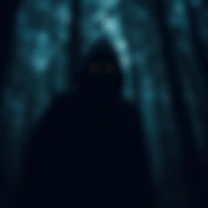 A shadowy humanoid figure with bright yellow eyes standing among trees at night, creating a sense of fear and mystery.