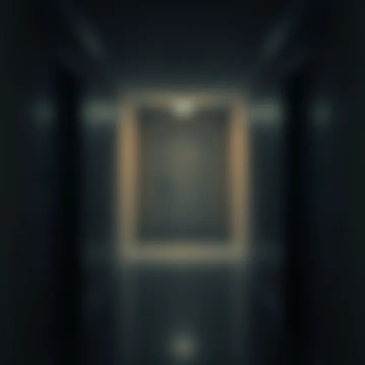 Dark hallway with a closed door A dimly lit hallway with a closed door at the end, creating an eerie atmosphere.