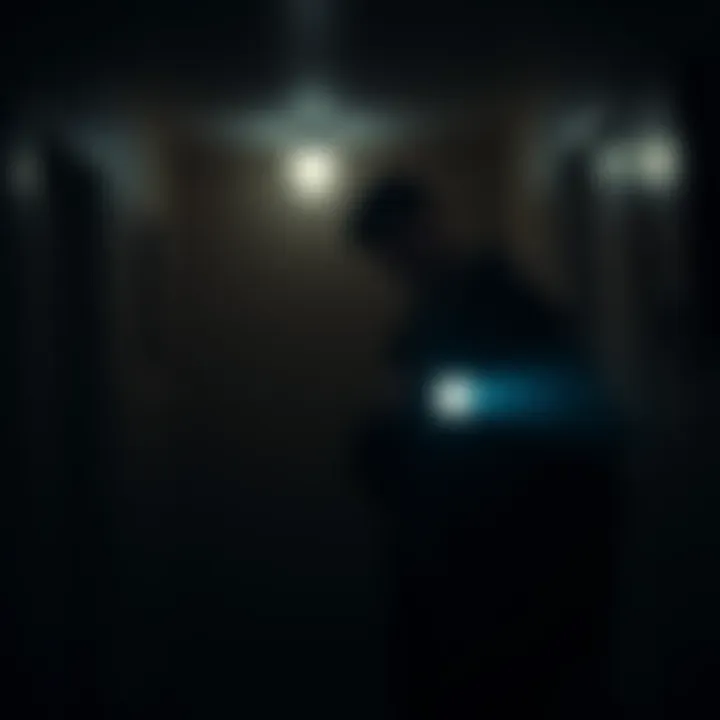 A person stands in a dimly lit room, holding a flashlight, looking concerned as they hear sounds from upstairs.