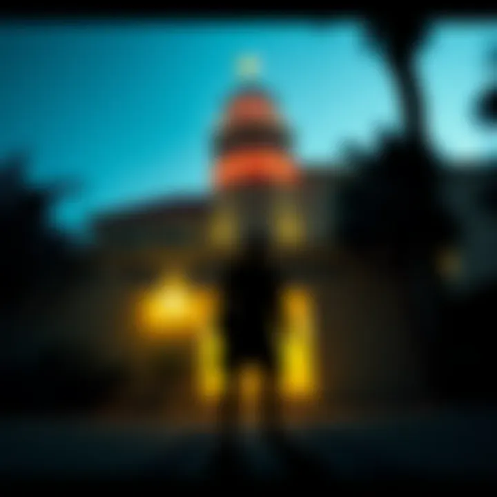Dark interpretation of Hotel California A shadowy figure stands at the entrance of a hotel, symbolizing themes of exploitation and manipulation. The scene reflects a sinister vibe linked to the song's deeper meanings.