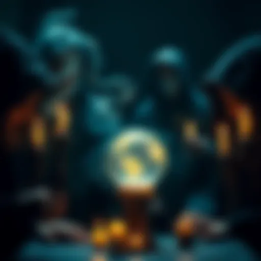 A group of people in cloaks casting spells with candles and a crystal ball, surrounded by a mystical aura, emphasizing spooky themes of reckless magic.