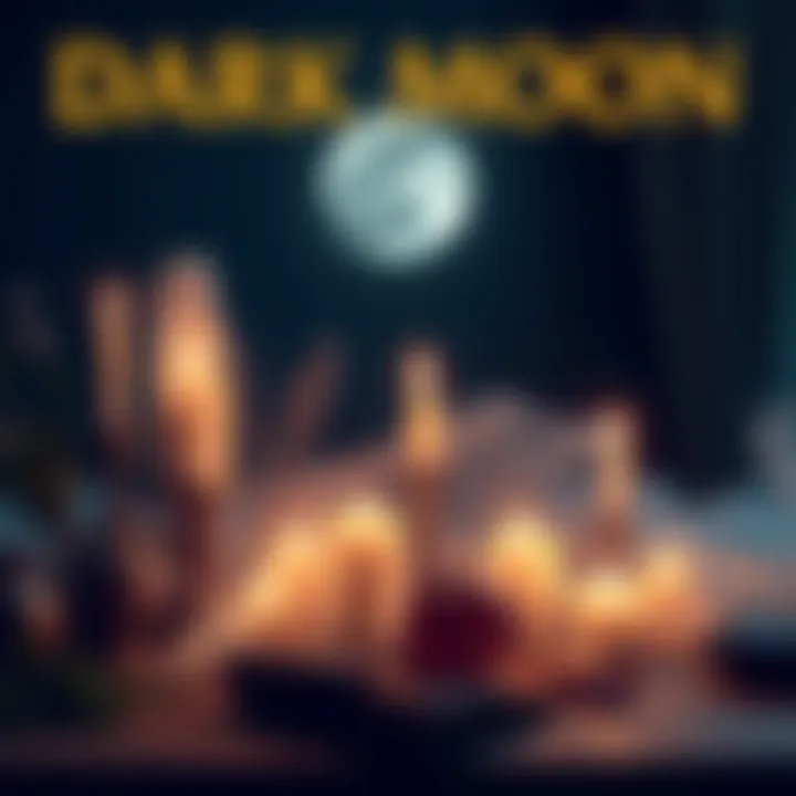 A table adorned with candles, crystals, and herbs for rituals under the dark moon
