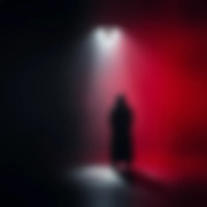 A shadowy figure stands alone in a dimly lit room, symbolizing deep emotions and dark passion. The atmosphere is intense and contemplative.