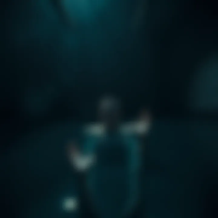 A person sinking into a dark pool surrounded by shadows, a sense of panic in their expression, invoking help with clasped hands.