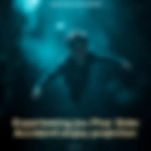A person floating in a shadowy space, surrounded by whispers and a menacing creature lurking in the background.