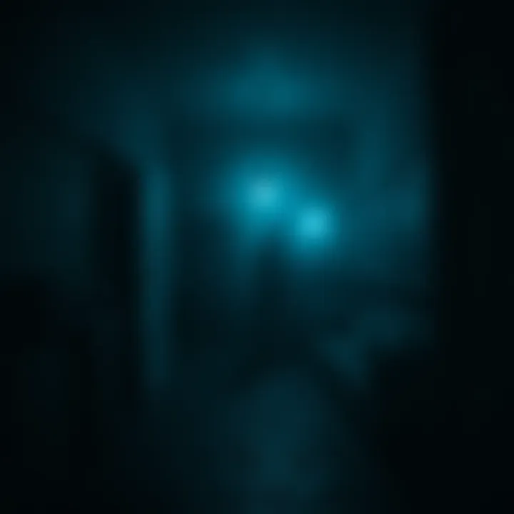 A dimly lit room with flickering lights and shadows, suggesting paranormal activity with a faint outline of a ghostly figure in the corner