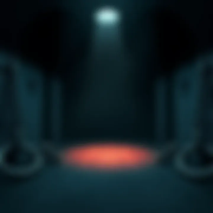 A dimly lit room with shackles attached to the walls, evoking feelings of fear and confinement, representing the alleged dungeon connected to Howard Rubin.