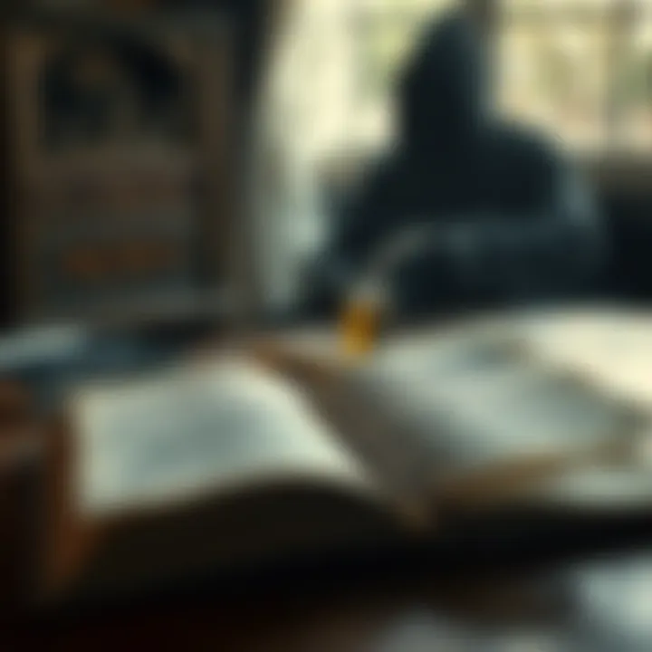 A worn scrapbook lies open on a table, its pages filled with eerie sketches and cryptic text. A shadowy figure looms in the background, hinting at its sinister influence.