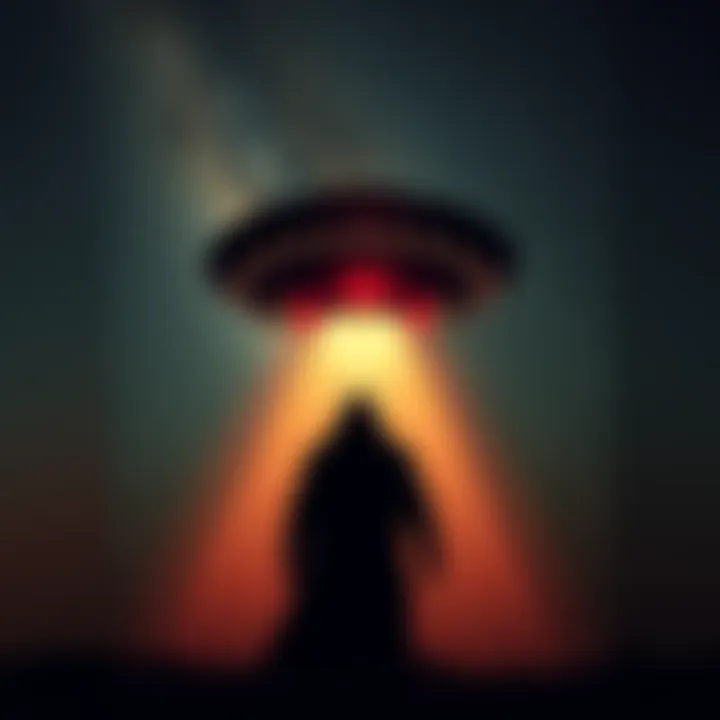 Dark Secrets of Ufology A shadowy figure stands in front of a UFO under a starry sky, representing connections to mind control and abuse in the ufology community.