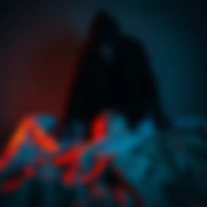 A person is seen in bed, screaming as a dark figure looms over them in a nightmare setting.