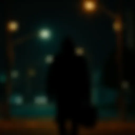A shadowy figure in a dimly lit street with flickering streetlights at night