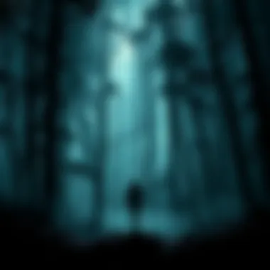 A person standing at the edge of a shadowy forest, looking towards the unknown, conveying a sense of curiosity and caution.
