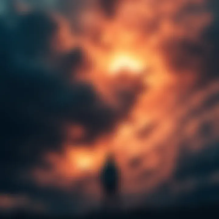 A person standing under a dark, stormy sky, looking worried as chaotic clouds swirl above.