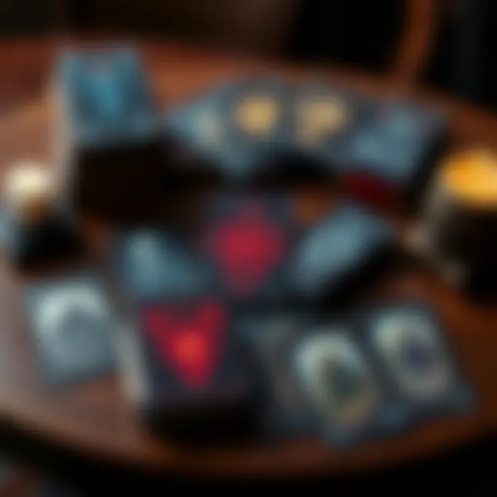 A variety of dark-themed tarot decks arranged on a wooden table, showcasing mystical art and designs, perfect for beginners.