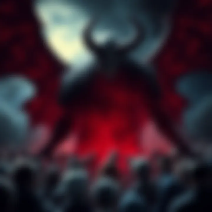 A shadowy figure with demonic features looming over a crowd of ordinary people, symbolizing the elite's control and loss of free will.