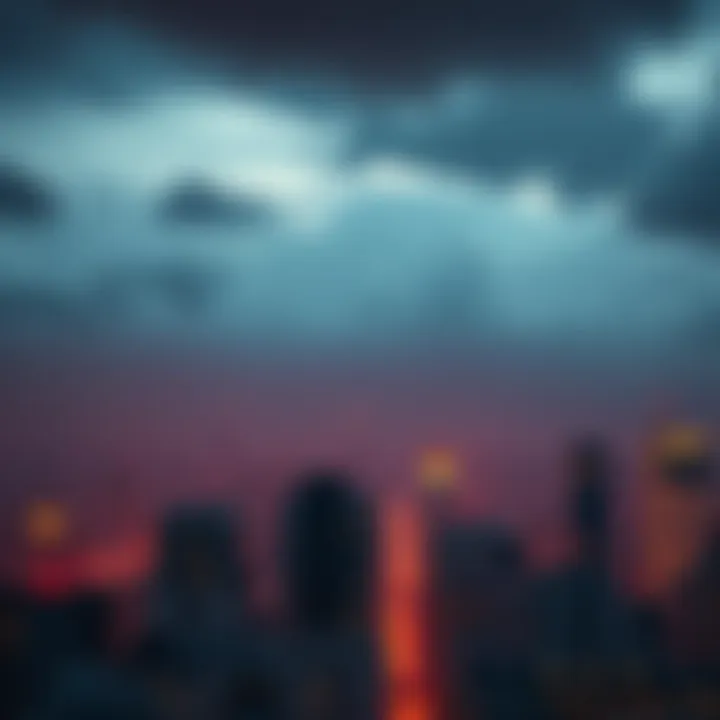 Darkened city skyline A city skyline with lights turned off, symbolizing a blackout, with a cloudy sky above