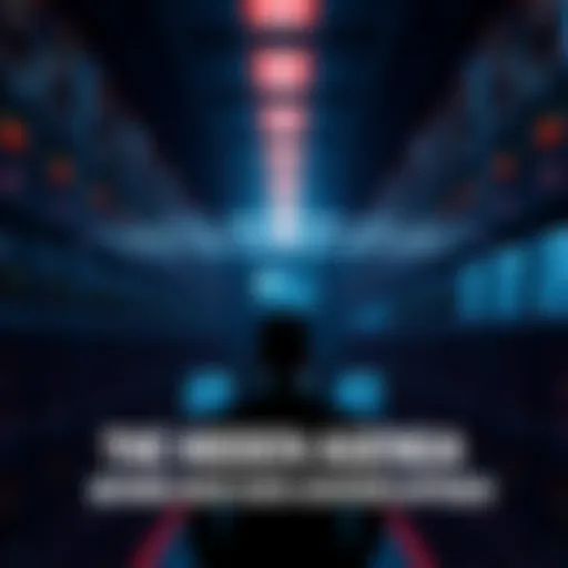 A large data center filled with servers, with shadowy figures observing screens displaying surveillance footage, highlighting control and manipulation themes.