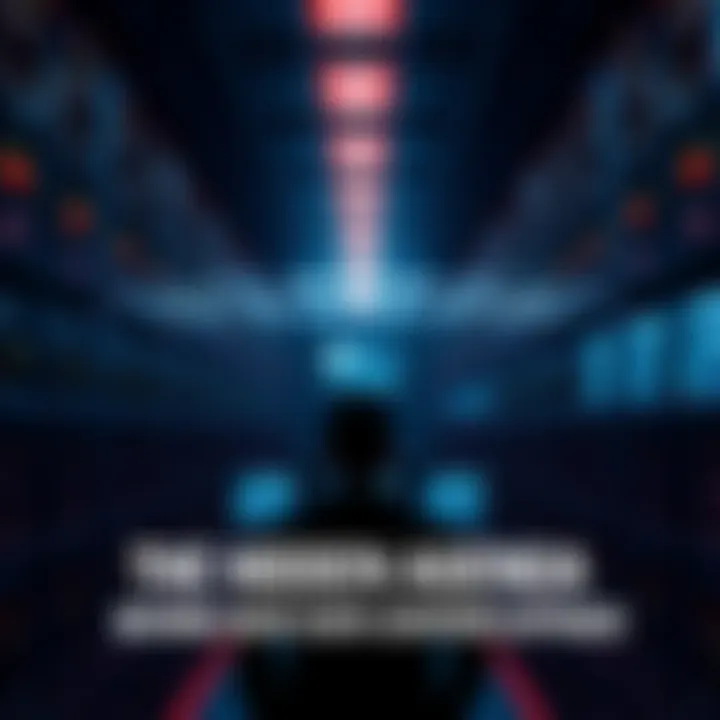 Data Center Surveillance A large data center filled with servers, with shadowy figures observing screens displaying surveillance footage, highlighting control and manipulation themes.