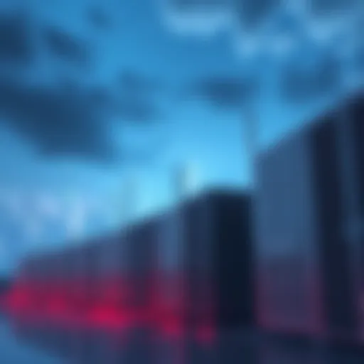 Data Centers in a City A row of large data centers with cooling units and antennas against a city skyline, highlighting the growth of tech infrastructure.