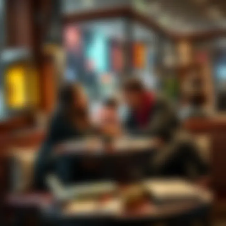 A man and woman sitting at a cafe, engaged in a lighthearted conversation about dating customs and beliefs, with notes and books about ancient cultures on the table.