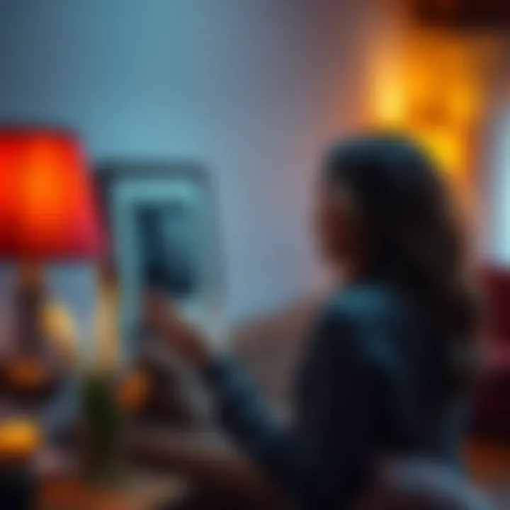 A woman gazes at a framed photo of her deceased father, feeling a deep emotional connection in her living room, surrounded by warm lighting.