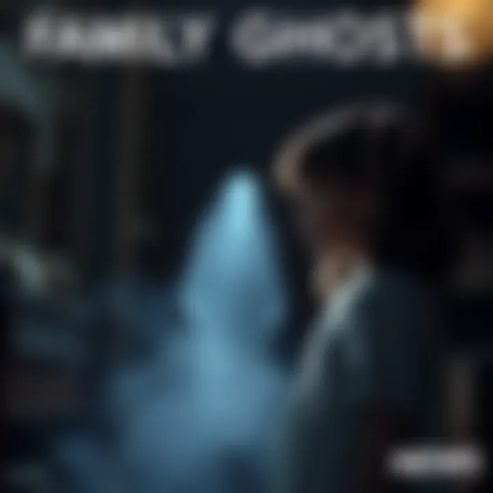 A daughter stands in her dimly lit room, looking thoughtfully at a ghostly figure of her father, who appears faintly beside her. The scene captures the emotional connection between them amidst a backdrop of family memories.