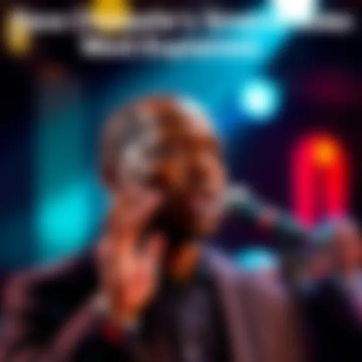 Dave Chappelle at a microphone, addressing an audience with a serious expression, hinting at a secret code word