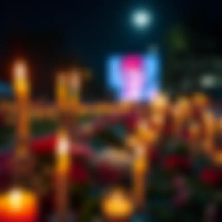 A candlelight vigil honoring David Bowie with flowers and candles