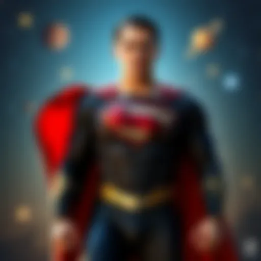 David Corenswet as Superman David Corenswet dressed as Superman, standing heroically, with a backdrop of stars that include the symbolism of Saturn.