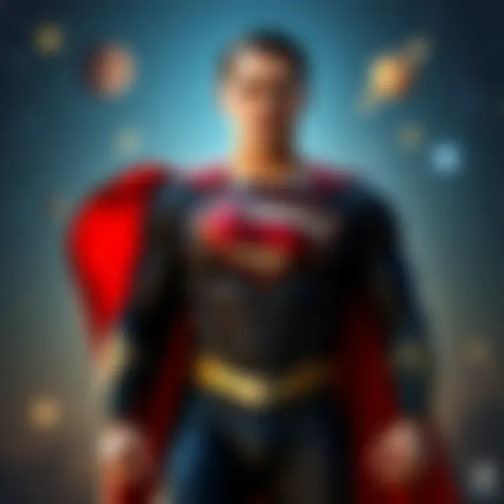 David Corenswet as Superman David Corenswet dressed as Superman, standing heroically, with a backdrop of stars that include the symbolism of Saturn.