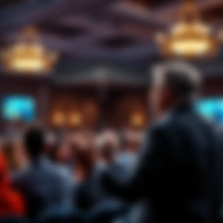 David Grusch Speaking at a Conference Whistleblower advocate David Grusch addressing a crowd, discussing safety concerns of whistleblowers and their risks, with people listening intently.