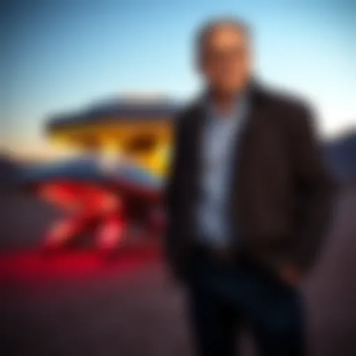 Former intelligence official David Grusch stands next to a diverse UFO vehicle, showcasing its unique shape and design.