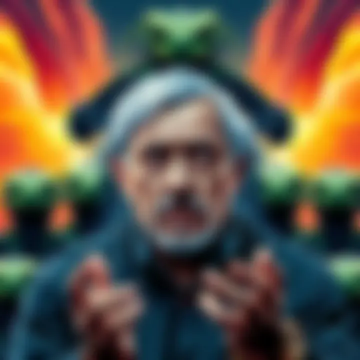 David Icke and Reptilian Concept An illustration showing David Icke speaking with images of reptilian figures in the background, representing conspiracy theories about control and manipulation in society.