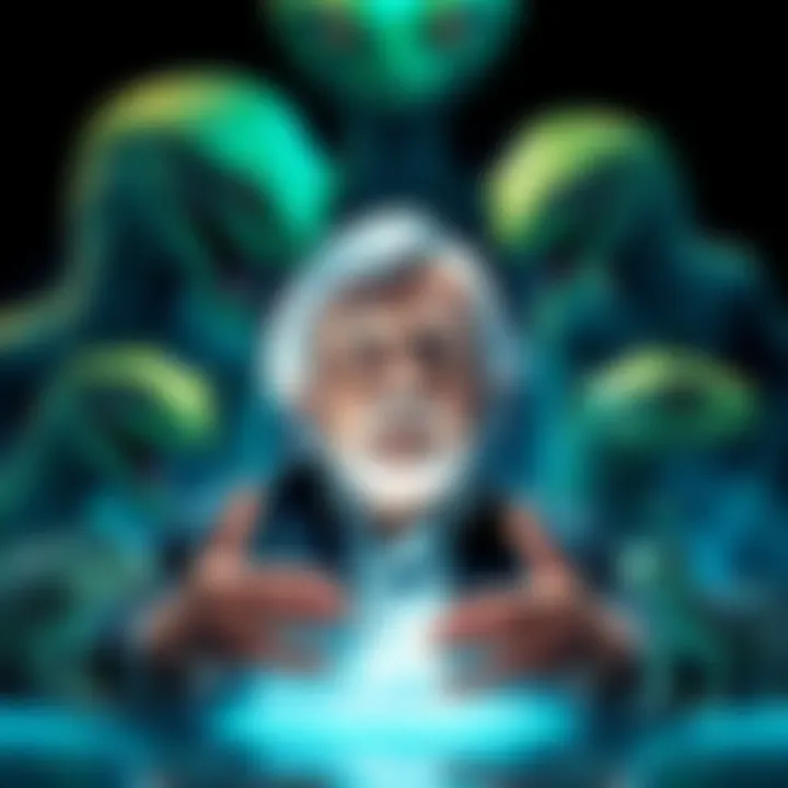 David Icke speaking with illustrations of reptiles and aliens around him