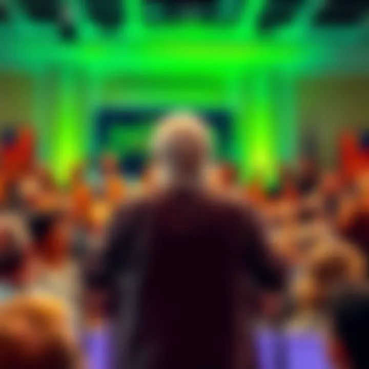 David Icke Speaking at an Event David Icke stands at a podium discussing his theories on Epstein and the reptilian elite, with an engaged audience in the background.