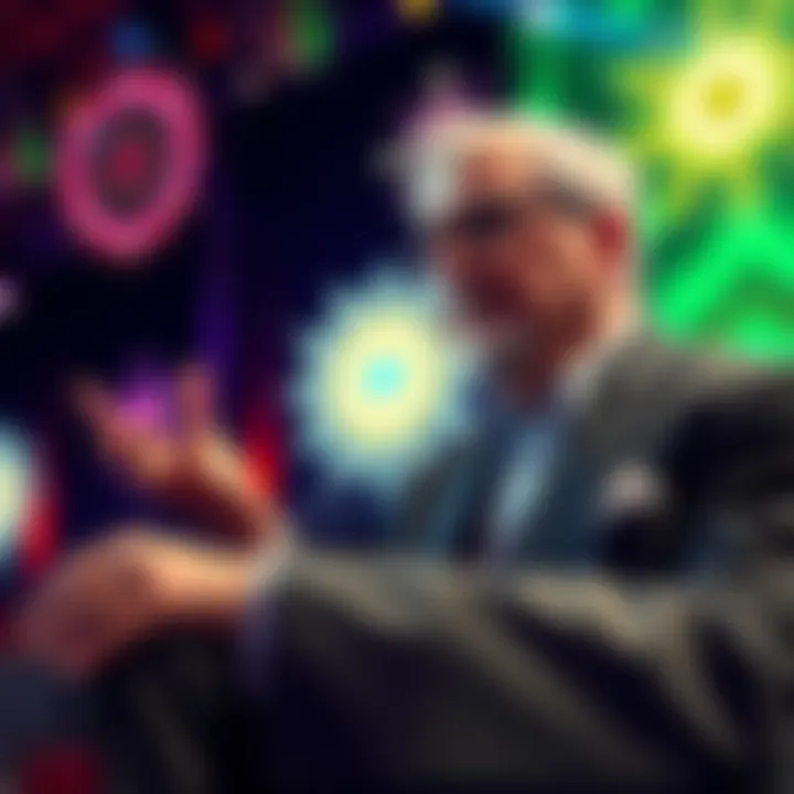 David Icke speaking at an event, with symbols of spirituality and artificial intelligence in the background