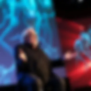 David Icke Discussing Theories David Icke speaking passionately at a conference about conspiracy theories, with images of reptilian creatures projected behind him.