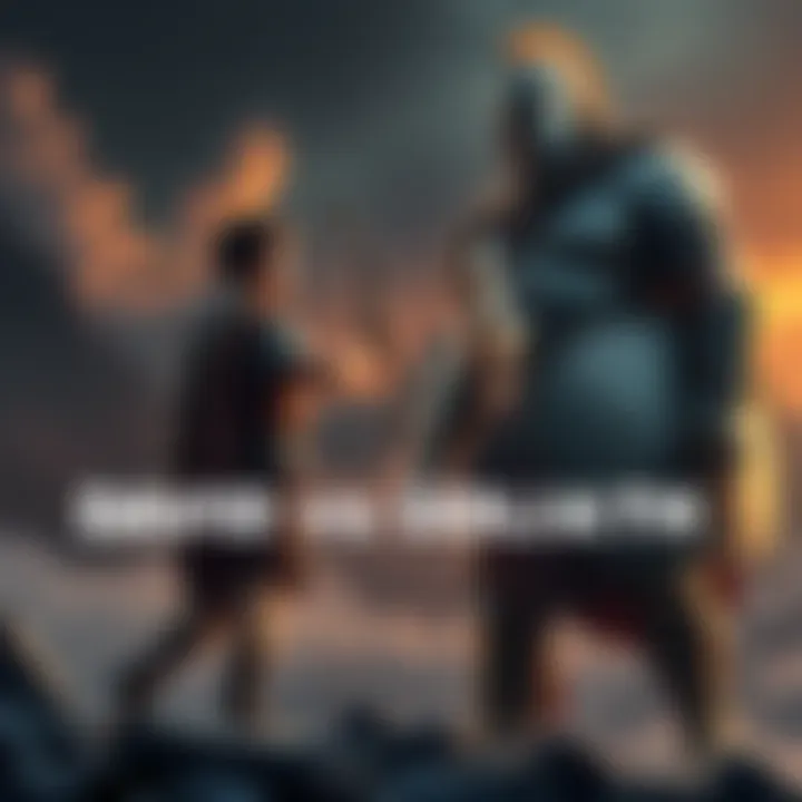 David facing Goliath A young shepherd named David stands confidently with a sling, staring down a giant warrior named Goliath, who looks menacing with his armor and weapon.