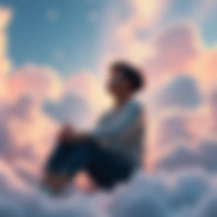 A person sitting in a relaxed position, eyes closed, surrounded by soft clouds and stars, representing daydreaming and astral projection.