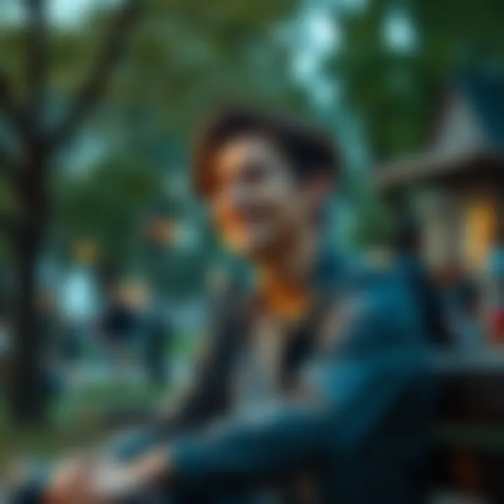 Young man daydreaming about a crush A young man sitting in a park, looking thoughtful while thinking about a girl he likes, with a soft smile on his face. He appears relaxed, surrounded by trees and people, giving off a vibe of hope and...