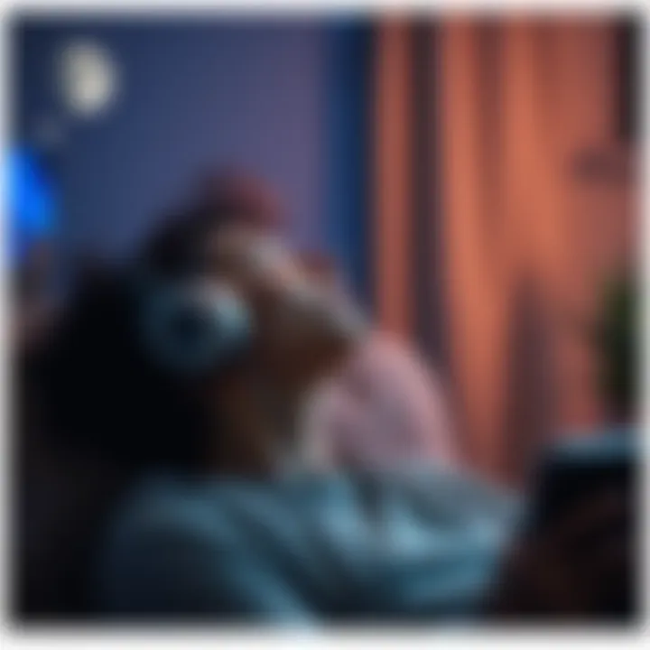 Someone relaxing while listening to music and daydreaming at home.