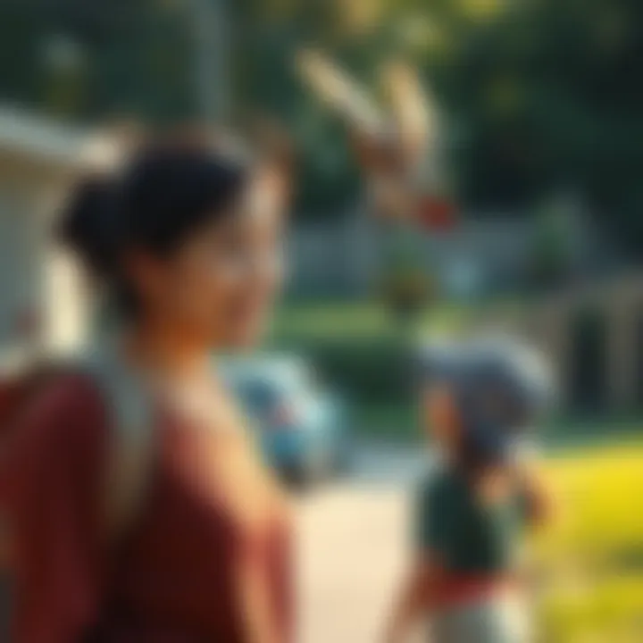 A caregiver with a surprised expression as a small dead bird falls onto her head while she walks outside with a child nearby.