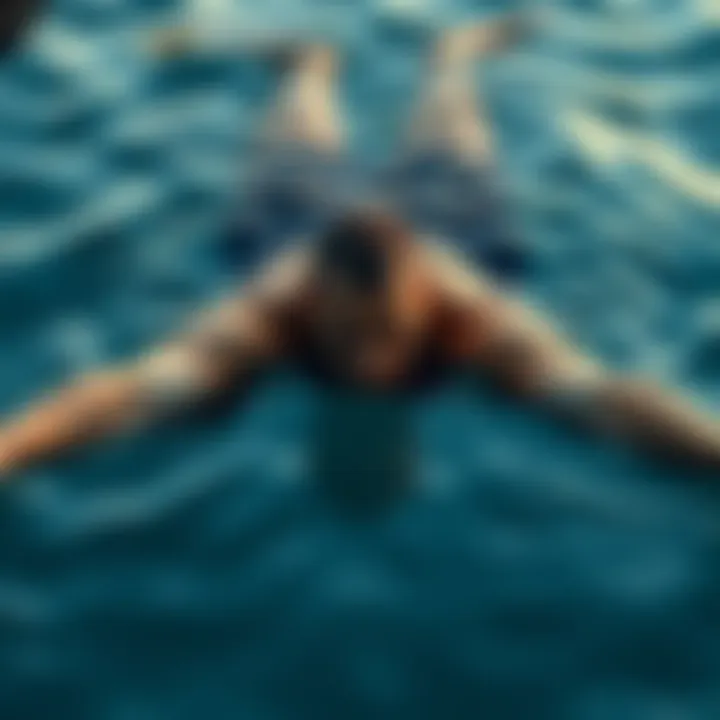 A swimmer performing the Dead Man's Float technique, lying face down in the water, arms extended and body relaxed