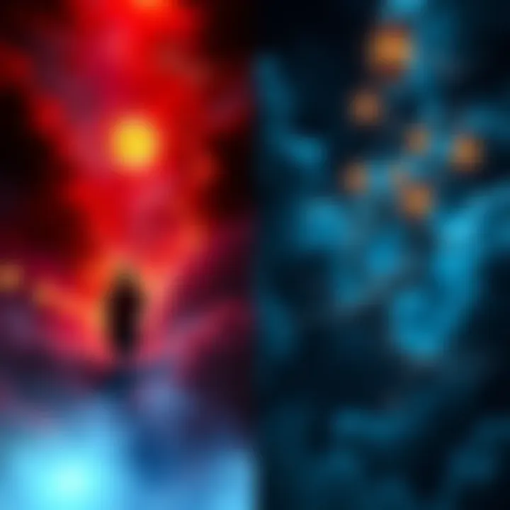 A serene scene showing a peaceful passing of a devotee reciting Amitabha's name, contrasted with a chaotic environment of an ordinary person's death experience.