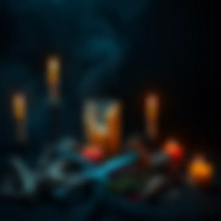 A dark candlelit altar with herbs, bones, and a ritualistic dagger used for death spells.