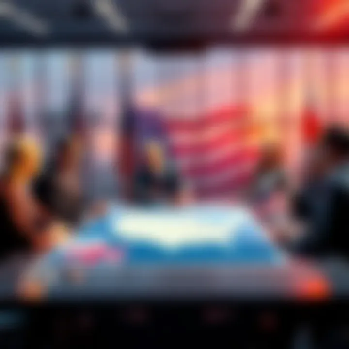 A group of people discussing the potential addition of a 51st state in the USA, with maps and flags on the table.