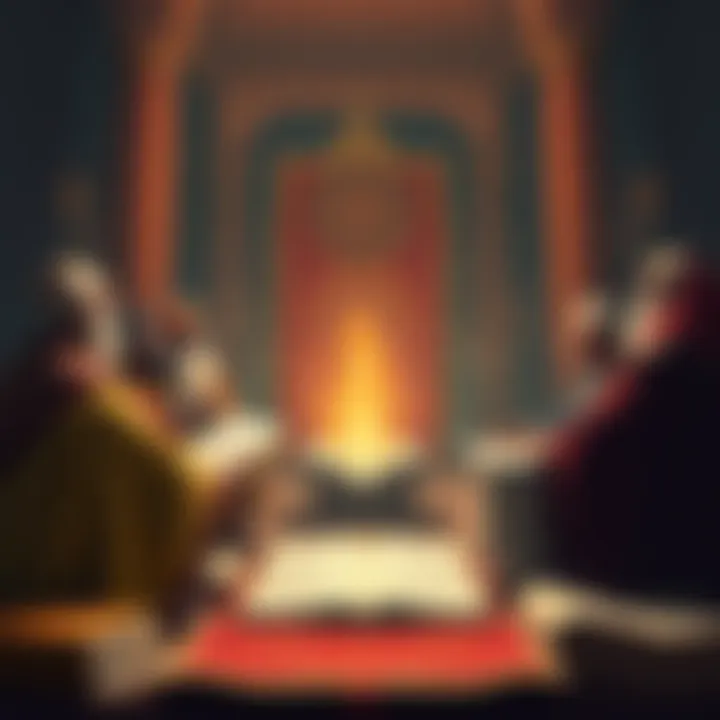 Philosophers discussing Adhyasa Bhasya, with books and scrolls around them, representing Advaita and other schools of thought.